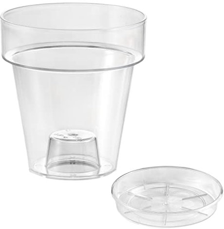 ECOMACETAS FLOWERPOT STORE Vaso per orchidea in plastica trasparente con piatto incluso. con gradino interno e base perforabile. 1, 14 cm