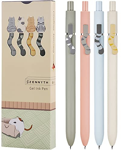 UIXJODO Katzenstifte, 4 Stück 0,5 mm niedliche Kawaii-Stifte schwarze Tinte, feine Spitze, glatte Schreibstifte, Katzenschwanz, einziehbare Stifte für Tagebuch, Notizen (4 Stück Katze)