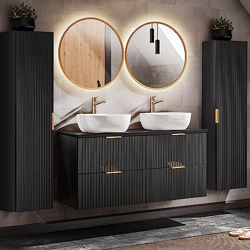 Lomadox Badmöbel Set in matt schwarz mit Rillenoptik mit 121cm Waschtisch, 2 Keramik Waschbecken, 2 LED Spiegel, 2 Hochschränke, B/H/T ca. 220/200/46,5 cm