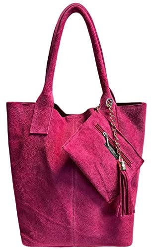 Modarno Borsa shopper da donna in vera pelle scamosciata, con custodia per gioielli dello stesso colore - Borsa a mano - Borsa a spalla (Fucsia)