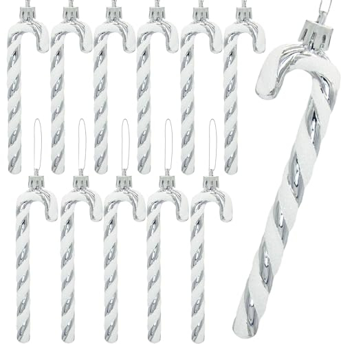 12 Stück Weihnachten Zuckerstange Ornamente Weihnachtsbaum Hängende Anhänger, Zuckerstangen Deko für Weihnachtsparty-Zubehör (Silber und Weiß)