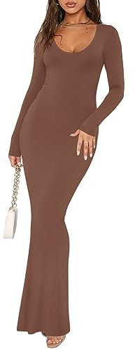 REORIA Women's Sexy Casual Scoop Neck Long Sleeve Lounge Long Dress Elegant Fall Wedding Guest Tight Ribbed Bodycon Maxi Dresses Coffee X-Small