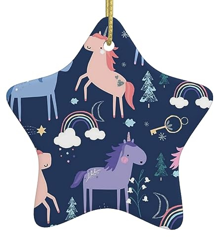 Weihnachtsschmuck Einhorn und Regenbogen gedruckt Keramik Hängende Ornament mit goldener Schnur Porzellan Weihnachtsbaum Ornament Dekorationen