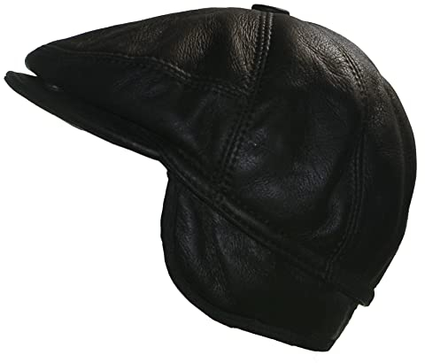 CUCUBA Coppola Herrenhut aus Schaffell Shearling - Mütze mit Visier und Ohrenschützer - Schwarz (M) 56