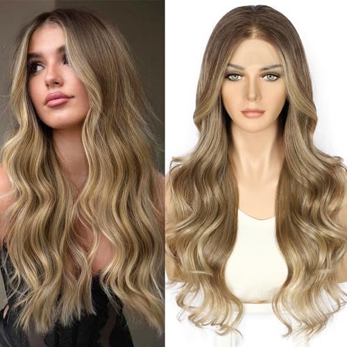 Sapphirwigs Ombre Lace Front Perücke Hellbraun Synthetische Körper Welle Balayage Perücke Damen Party Datum Täglich Tragen Natürlich Aussehen Weihnachten 26inch