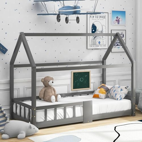 Aunvla Kinderbett Hausbett 90 x 200 cmHolzbett für Kinderzimmer inkl.Tafel Lattenrosten Rausfallschutz, aus Kiefernholz Grau (ohne Matratze)