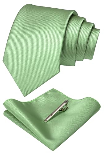 JEMYGINS Seide Krawatte Krawatten und Einstecktuch mit krawattenklammer Set für Herren Seidenkrawatten Hochzeit Schlips Hellgrün