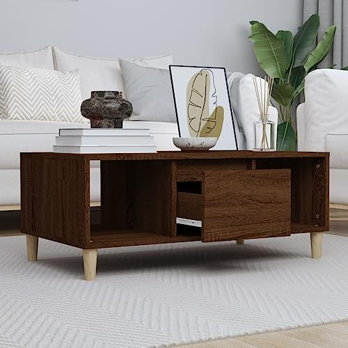 AUVYI Couchtisch mit Schublade Braun Eichen-Optik 90x50x36,5 cm Holzwerkstoff&Eukalyptus Chautschtisch Beistelltisch Schränkchen mit Schubladen Sofatisch Holz Wohnzimmertisch