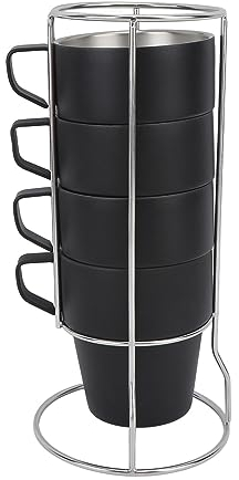 BestAlice Coffee Cups Set Stackable Coffee Cups with Stand Black Stackable Stainless Steel Double Layer Insulated Easy to Wash with Metal Stand for Camping for Juice Iced Coffee