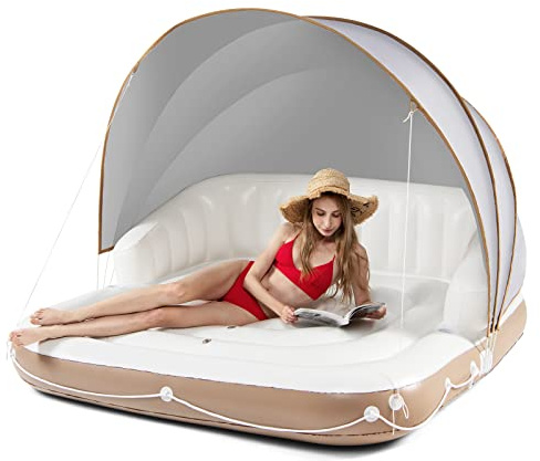 GYMAX Materassino Gonfiabile per Piscina con Tettuccio, Gonfiabile Lounge per 2 Persone con Parasole, 2 Porta Bicchieri, Galleggiante per Lago, Spiaggia, Fiume, 180 x 180 x 160 cm