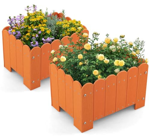 Giantex 2 Pack Raised Garden Bed, Weather-resistant HDPE Planter Boxes with Drain Gaps, Rectangular Flower Pots for Vegetable, Flower, Fruit, Plant Raised Beds for Front Porch, Garden, Balcony, Orange