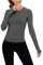IECCP Women Workout Tops Women's Long Sleeve Running Shirts with Thumbholes Stretch Breathable Athletic Base Layer T-Shirt Grey XS