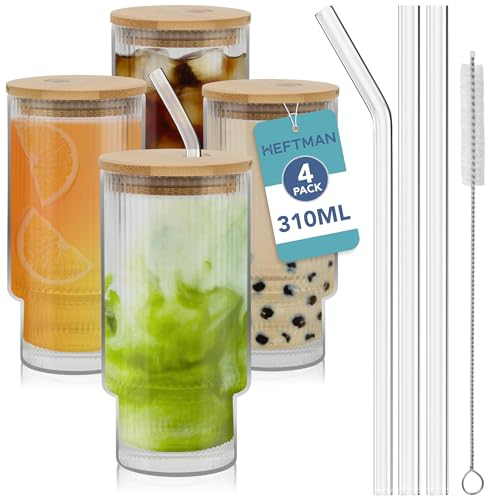 HEFTMAN Lot de 4 verres nervurés empilables avec couvercles en bambou et pailles en verre, 310 ml, avec 2 brosses de nettoyage