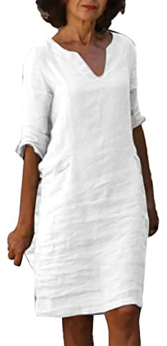 Robe De Soiree Femme Longue - Coton Et Lin À Manches Courtes Vacances Semi - Décontractées Femmes Col en V Mini Robe Couleur Unie Robe pour Femmes Robe Longue Rose Poudré