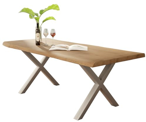 Liadomo Esstisch 180x90 Diala Natur, Baumkantentisch, natürliche Baumkante, Akazie Massivholz Tisch, 35 mm Tischplatte lackiert, Robust & Pflegeleicht, Unikat, X-Gestell Metall Silber