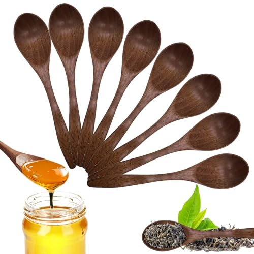 Cuillère à Café en Bois 8 Pièces, Petite Cuillere en Bois Naturelles Faites à la Main pour Chocolat Chaud miel café thé Accessoires de Cuisine