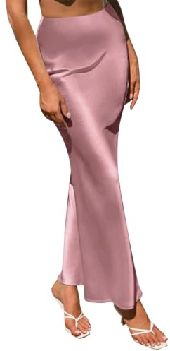 Women Satin Silk Skirt A Line Elastic High Waist Ruffle Long Maxi Skirt Solid Color Mermaid Skirt Formal Evening Party Skirts Pink S