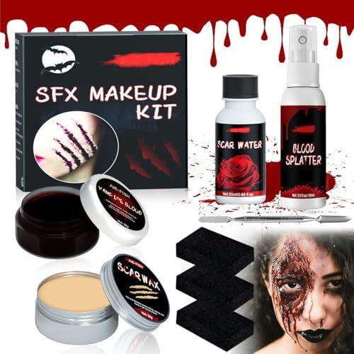 Kit Maquillaje Halloween, 8 Piezas Halloween Kit de Sangre Falsa, Spray de Sangre Falsa, Cera para Cicatrices, Sangre Falsa Líquida y Más, Pintura Sangre Halloween para Cosplay, Carnaval