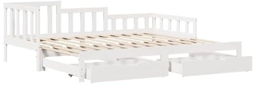 vidaXL Tagesbett, Bettsofa Ausziehbar mit Schubladen, Gästebett ohne Matratze mit Lattenrost, Ausziehbett Schlafsofa, Weiß 80x200cm Massivholz Kiefer