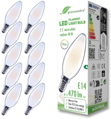 greenandco 10x Glühfaden LED Lampe | matt | E14 C35 | 2,2W 470lm | ersetzt 40W | 2700K warmweiß | 320° | 230V | flimmerfrei | Energieeffizienzklasse A | nicht dimmbar