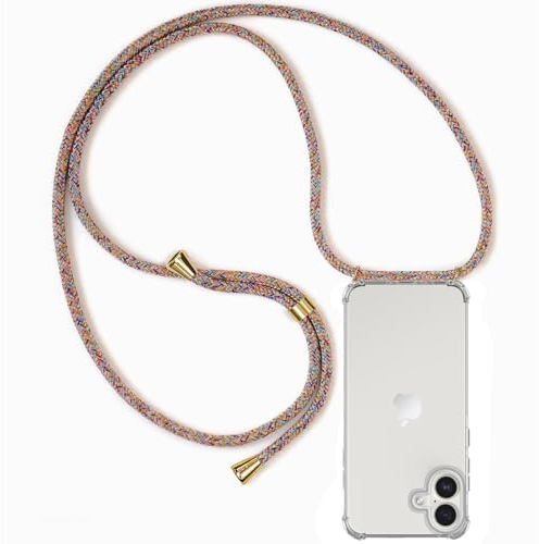 ZYIMOU Coque pour iPhone 16 avec Cordon, Collier Étui de Protection Ultra-Mince Transparente Clair Silicone Gel Souple TPU Antichoc Housse avec Corde - Arc en Ciel