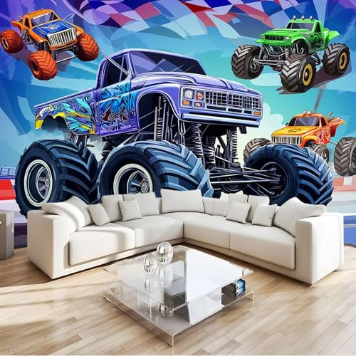 Wall Mural Photo Wallpaper, Cartoon Style Monster Truck Non-Woven 3D Photo Wallpaper, Blue Sofa TV Living Room Background Wallpaper Mural, 250 x 175 cm Wall Decoration Art Wall Sticker Wallpaper