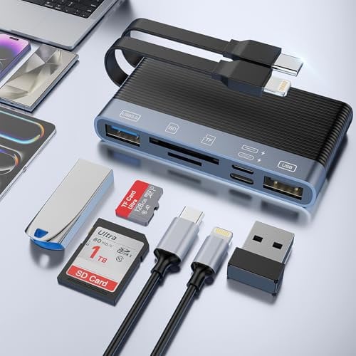 SD Card Reader 6-in-1 Memory Card Reader, USB C & Lighning to Memory SD/Micro Card Reader Universal Card Reader Adapter for iPhone/iPad/Samsung/Camera/Android/PC, USB3.0 OTG Compact Flash Card Reader