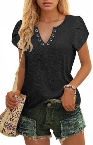 WNEEDU Ladies Tops Petal Short Sleeves T-Shirts V Neck Top for Women UK Casual Blouse Eyelet Embroidery Black M