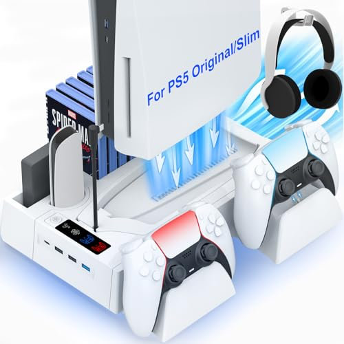 Stazione di raffreddamento PS5/Slim per PS5 Disc&Digital, supporto di raffreddamento PS5 con doppio controller di ricarica per console PlayStation 5, accessori multifunzione PlayStation 5 Ventola di