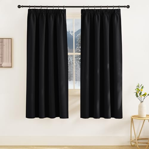 KGORGE Verdunklungsvorhänge Kurz Thermo Vorhang Blickdicht mit Kräuselband | Schwarz, 2er Set, 175 x 140 cm(HxB), Thermovorhang Kälteschutz, Verdunkelung, Sonnenschutz, Blackout Curtains, Schafzimmer