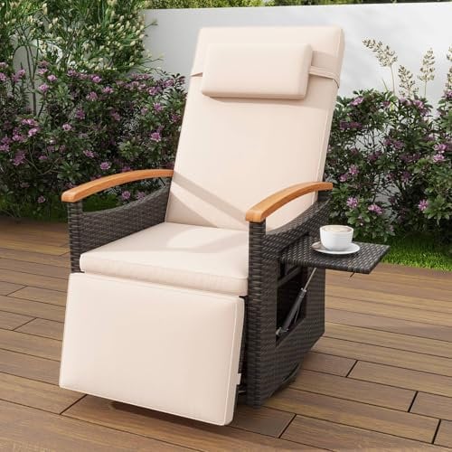RELAX4LIFE Outdoor PE Rattan Recliner Chair, 360° Swivel Patio Reclining Lounge Chair with Adjustable Backrest & Footrest, Flip Side Table and Cushions, Garden Sun Lounger for Porch, Balcony, Yard