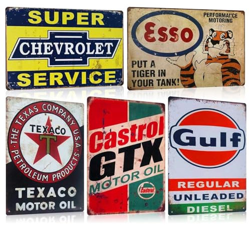 Lot de 5 Garage Plaque Metal Vintage Decoration - Atelier Panneau Pancarte Deco Murale - Retro Américaine Voiture Gas Station Cave Publicitaire 20x30cm (SET E)