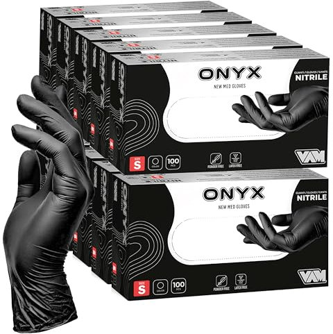 ONYX 1000 Guanti Nitrile Neri S monouso senza polvere, ipoallergenici per Estetisti, Tatuatori, Manipolazione degli Alimenti