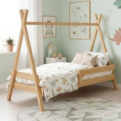 MEBLE WRÓBEL Kinderbett Tipi 90x200 cm | Bett aus Kiefernholz – Unlackiert | Hausbett für Mädchen und Jungen | Abgerundete Kanten | Montessori | mit Rausfallschutz
