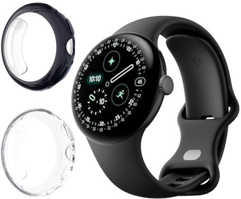 Vanrain Hülle für Google Pixel Watch 4 45mm, 2 Stück Flexibles TPU Schutzhülle 360° Bumper Case mit Schutzfolie Vollständige Abdeckung Kratzfest Displayschutz, Schwarz+Transparent