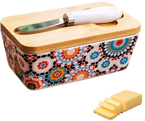 Butterdose Keramik mit Holzdeckel Dichtung und Buttermesser, Butterglocke Bunt Vintage für 300g Butter, Butterbehälter Große Butterschale Porzellan Butterbox Spülmaschinenfest (C)