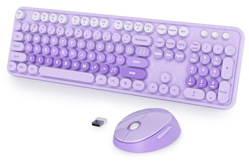 Vumilstek Cute Purple Keyboard and Mouse Combo Wireless, 2.4G Full Size 104-Key Retro Typewriter Keyboards Round Keys for Students Teenagers Home Office PC Laptop(Diary Purple)