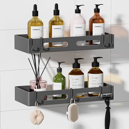 Wisfame Duschablage ohne Bohren Badregal Grau, Badezimmer Regal Ohne Bohren Rostfreie, Duschregal Fliesen Bad mit großer Kapazität,Shampoo Halterung für Duschel,2 Stück