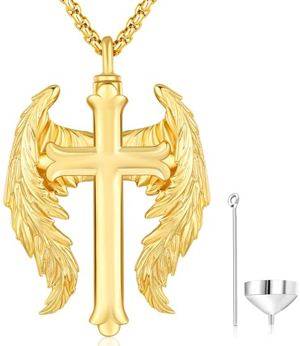 Odinstone Urnen Kette für Asche Silber 925 Anhänger für Die Asche des Verstorbenen Gold Kreuz Engelsflügel Amulett Halskette Urnen Medaillon Schmuck zum Befüllen