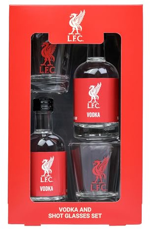 Liverpool F.C. Vodka & Shot Glass Gift Box – 2 x 5cl Miniatures and 2 Branded Glasses – Suitable Gift for Football Fans by Blue Tree Gifts