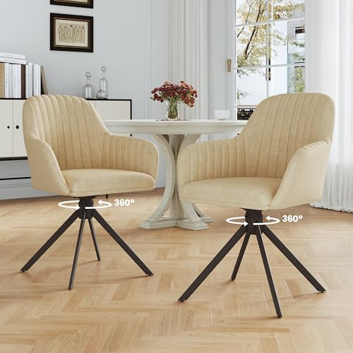 Hawthyhome Esszimmerstuhl 360° Drehstuhl mit Armlehne 2er Set, drehbar Esszimmerstühle aus Kordsamt, Küchenstuhl mit Metallgestell und Rückenlehne für Esszimmer, Wohnzimmer, Büro, Khaki/Schwarz