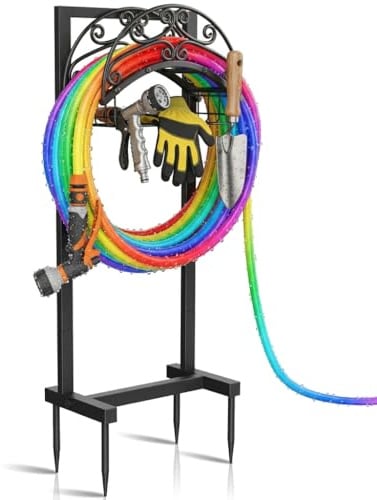 CJGrowMore 2-in-1 Garden Hose Holder with Storage Basket, Heavy Duty Metal Freestanding Hose Stand, Stable 3-Prong Ground Stake, Rustproof Outdoor Water Pipe Organiser Rack for Outside Yard Lawn