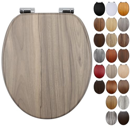 Wooden Toilet Seat with Adjustable Solid Soft Close Zinc Alloy Hinges, MDF Wood Oval Toilet Seat with Bottom Fixings, Easy to Clean and Install- 18 Inch (BLG101-8)