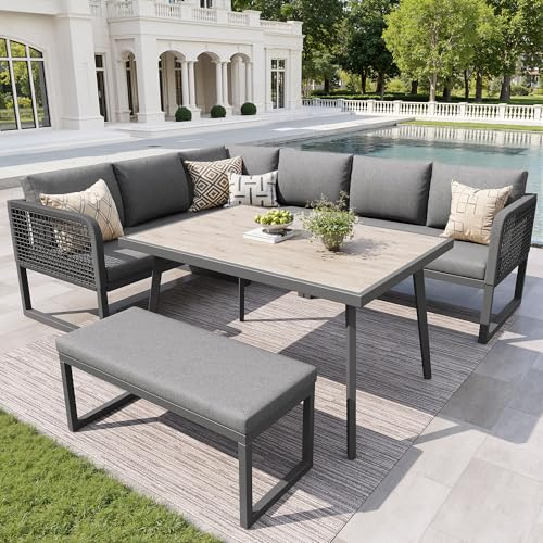 Xwiny Gartenmöbel Set für 6-8 Personen, Garten Loungesessel aus PE-Rattan, 5-teiliges, 3 Doppelsofa, 1 Sofabank, 1 Tisch, Verzinktes Eisen, Alle Kissen Inklusive (Grau)