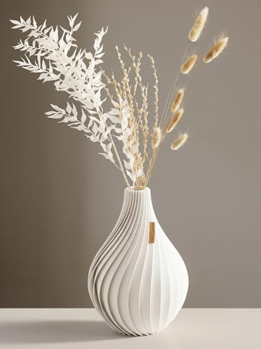 NUVO Studio Vase „Ventura“ 25cm – Set mit Strauß – Moderne Vase für Trockenblumen & frische Blumen – wasserdicht – nachhaltig & 3D-gedruckt in Deutschland (Soft White, L, Set mit Strauß)
