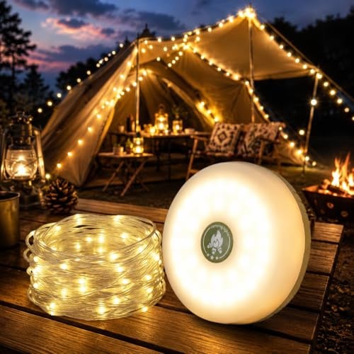 Camping Lichterkette 10 m Aufrollbar, 4-in-1 LED Zeltbeleuchtung mit 8 Modi, Wiederaufladbare Campinglampe mit Laterne Taschenlampe & Notlicht, Spritzwassergeschützt für Camping Garten Outdoor