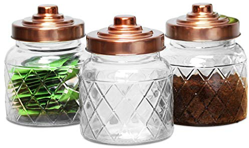 3 x Glass 600ML Storage Jars Copper Lids Tea Coffee Sugar