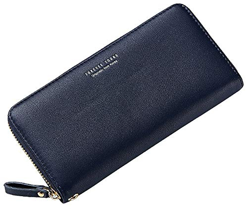 Geldbörse Leder Damen Portemonnaie Groß Geldbeutel Frauen mit Reißverschluss Goldbörsen Damen Lang (Dunkelblau)