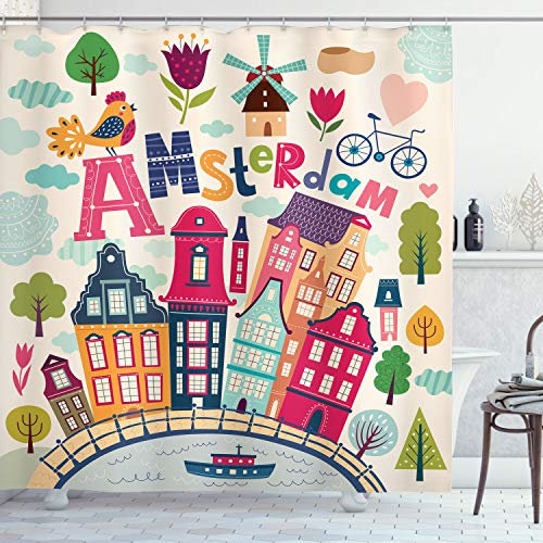 ABAKUHAUS Niederländisch Duschvorhang, Cartoon Amsterdam Häuser, Stoffliches Gewebe Badezimmerdekorationsset mit Haken, 175 x 200 cm, Magenta Mehrfarbig