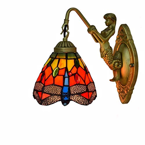 Yjmgrowing Tiffany Style Wandleuchte in Retro Red Dragonfly Glasmalerei Wandleuchten Beleuchtung 6-Zoll-Schlafzimmer Nacht Korridor Wandleuchte mit Beauty Base, E27